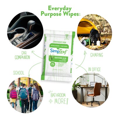 Simpleaf Aloe Vera Scented Flushable Wipes, 25 Single Wipes/Pack, 12 Packs/Box (S-001-12pack)