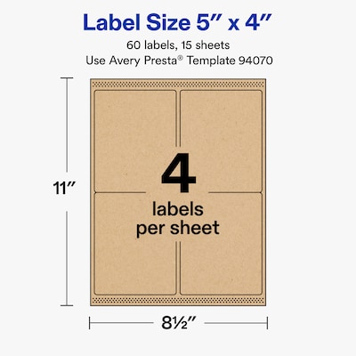 Avery Rectangle Laser/Inkjet Multipurpose Labels, Kraft Brown, 4 Labels/Sheet, 15 Sheets/Pack (19479311151)