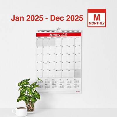 2025 Staples 12 x 17 Wall Calendar, White/Red (ST53913-25)