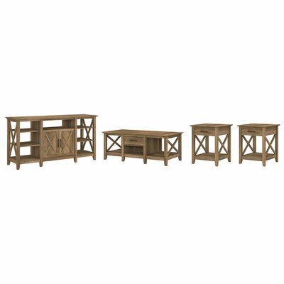 Bush Furniture Key West Tall TV Stand with Coffee Table and 2 End Tables, Reclaimed Pine, Screens up