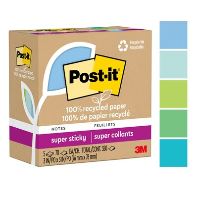 Post-it Oasis Recycled Super Sticky Notes, 3" x 3", Oasis Collection, 70 Sheets/Pad, 5 Pads/Pack (654R-5SST)