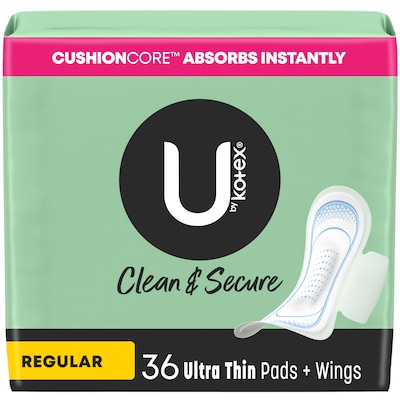 U by Kotex Security Regular Ultra thin Pad with Wings, Unscented, 36/Pack (53631)