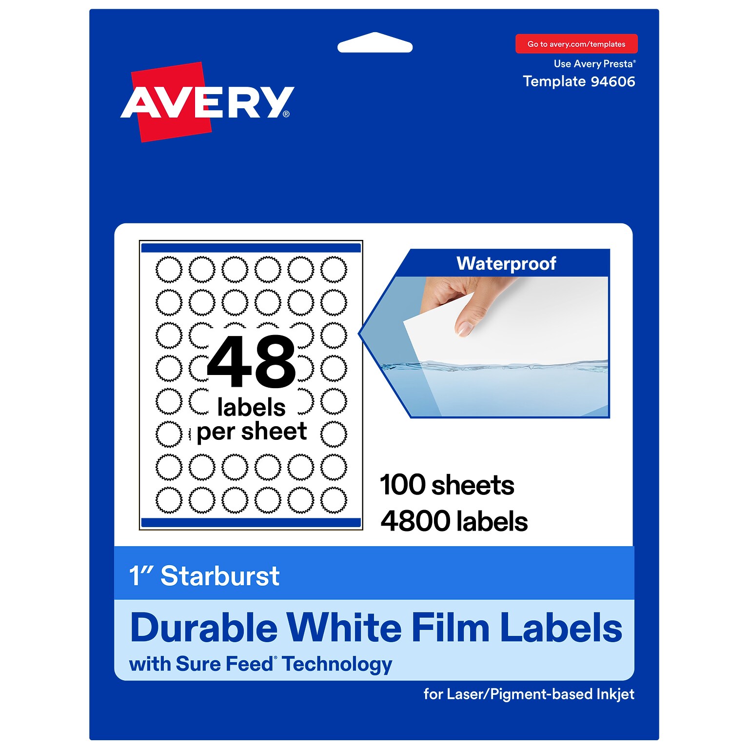 Avery Laser/Inkjet Starburst Waterproof Multipurpose Labels, 1  Dia, White, 4800/Box (94606)
