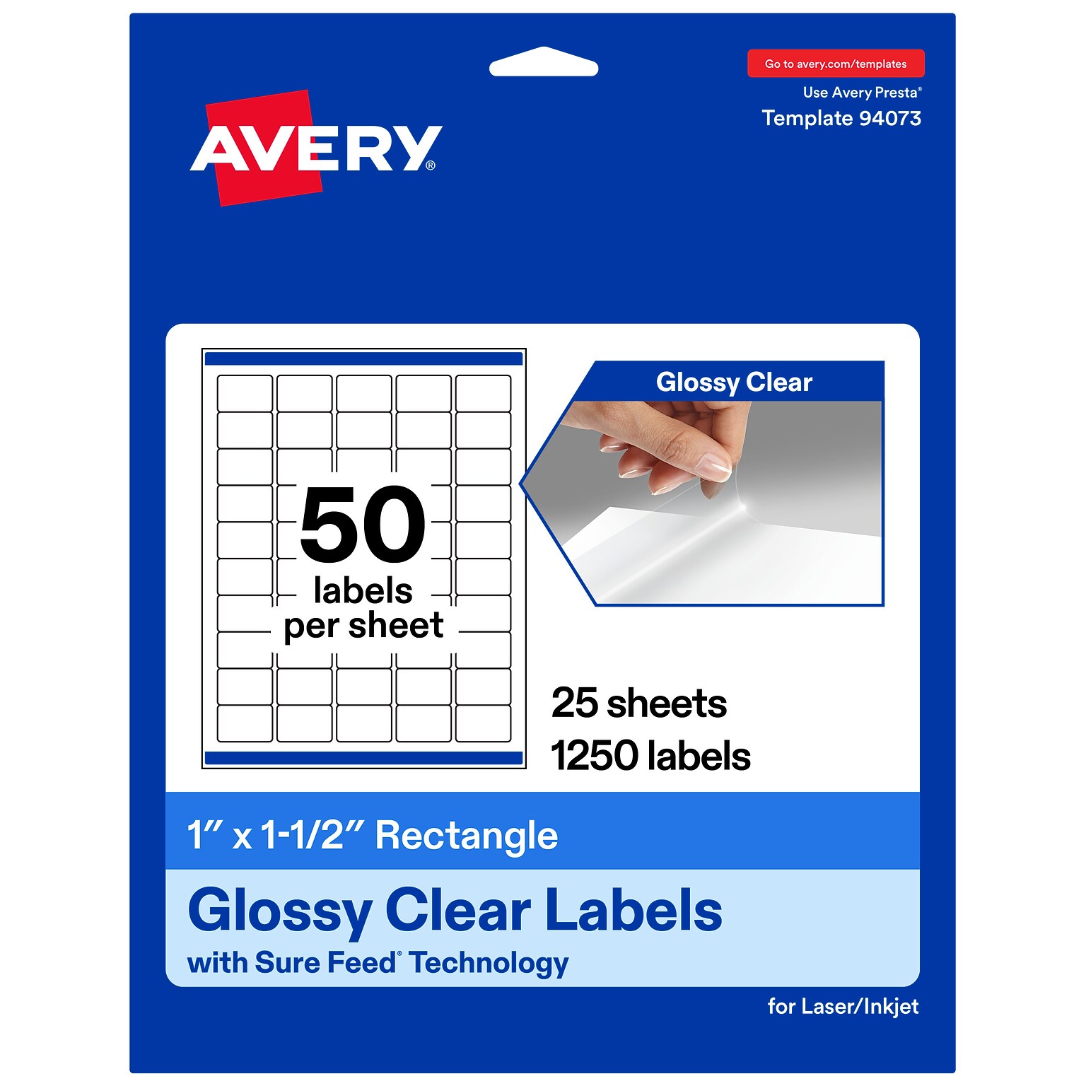 Avery Rectangle Laser/Inkjet Multipurpose Labels, Clear, 50 Labels/Sheet, 25 Sheets/Pack (19479311188)