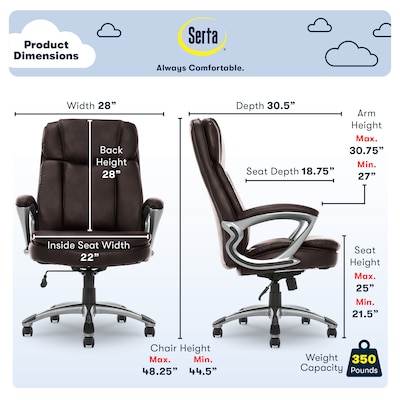 Serta Fairbanks Ergonomic Bonded Leather Executive Big & Tall Chair, 350 lb. Capacity, Chestnut (43675A)