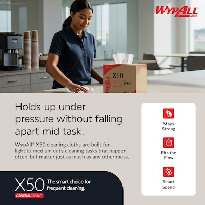 WypAll GeneralClean X50 Cloth Cleaning Wipers, 12.5" x 9.1", White, 168 Wipers/Box, 10/Carton (83550)