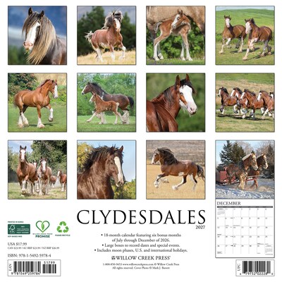 2027 Willow Creek Clydesdales 12 x 12 Monthly Wall Calendar, Assorted Colors (59784)