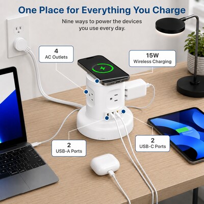 Uncaged Ergonomics USB-C Wireless 6 ft. Retractable Power Strip with 15W Wireless Charger, 4-Outlet, White (WRPS-2-White)