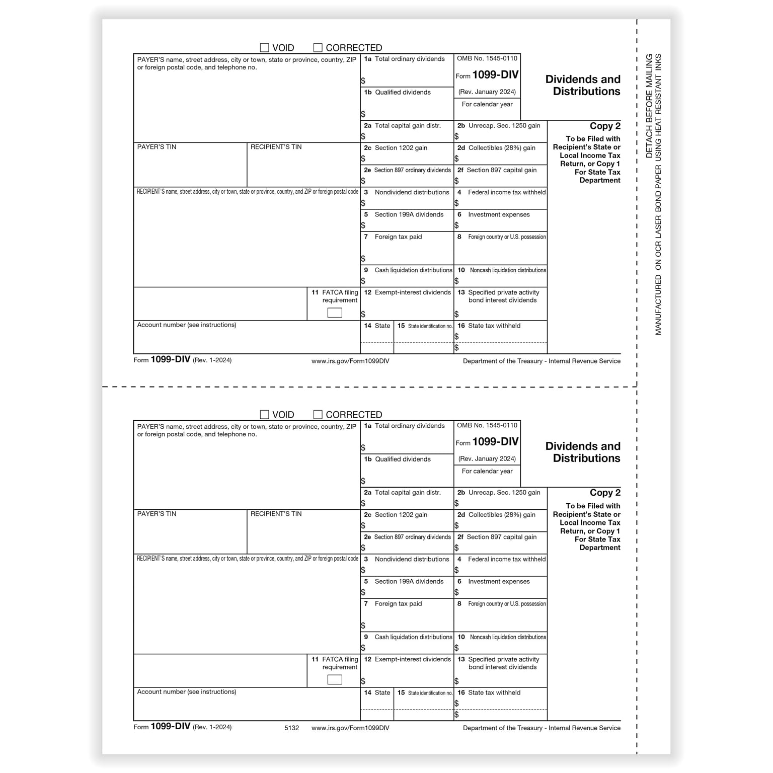 ComplyRight 2025 1099-DIV Tax Form, 1-Part, 2-Up, Payer Copy C, 50/Pack (513250)