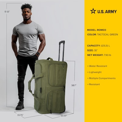 U.S. Army ROMEO 31" Polyester Telescoping Travel Duffel with Wheels, Tactical Green (USLROM31GRN)