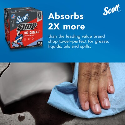 Scott Shop Towels Wipers, Blue, 200 Wipers/Box, 8 Boxes/Carton (75190)