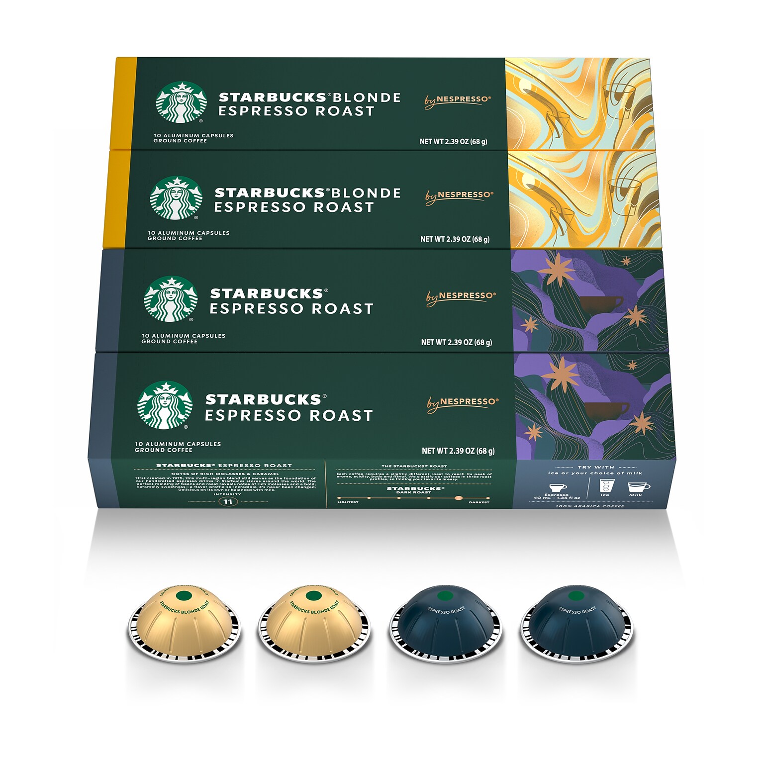 Nespresso Starbucks Espresso Variety Pack Coffee Nespresso Vertuo Capsules, Light & Dark Roast, 40/Pack (163931)