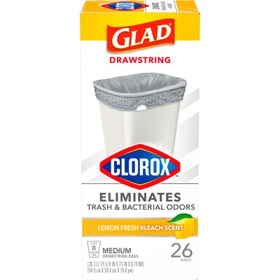 Glad with Clorox Medium 8 Gallon Drawstring Kitchen Trash Bag, Lemon Fresh Bleach Scent, 26 Total Bags (79316)