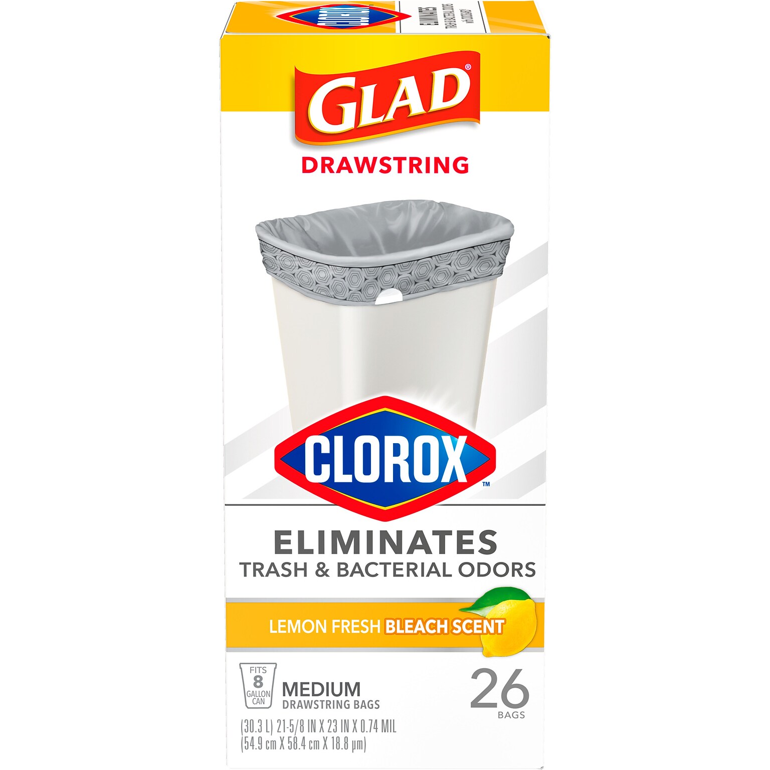 Glad with Clorox Medium 8 Gallon Drawstring Kitchen Trash Bag, Lemon Fresh Bleach Scent, 26 Total Bags (79316)