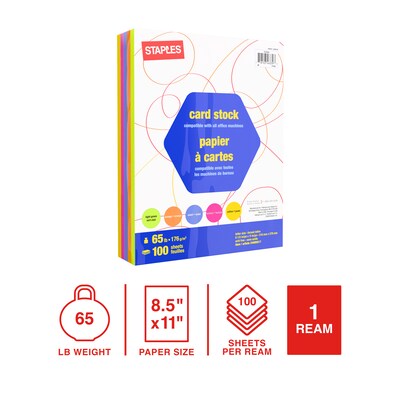 Staples 65 lb. Cardstock Paper, 8.5 x 11, Neon Assorted, 100 Sheets/Pack (98107)