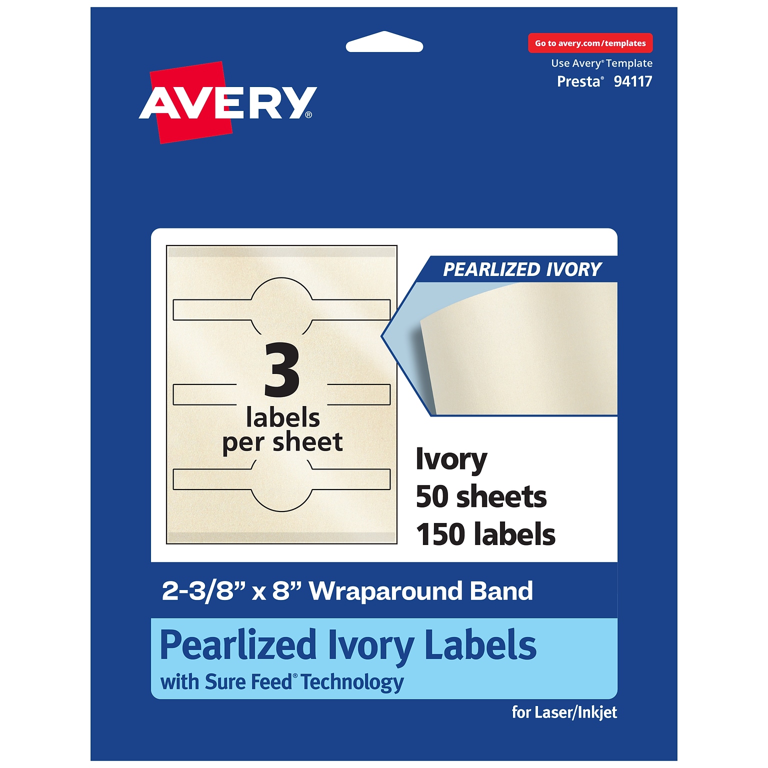 Avery Pearlized Ivory Decorative Edge Multipurpose Labels, 2-3/8 x 8, Ivory, 150/Box (94117)