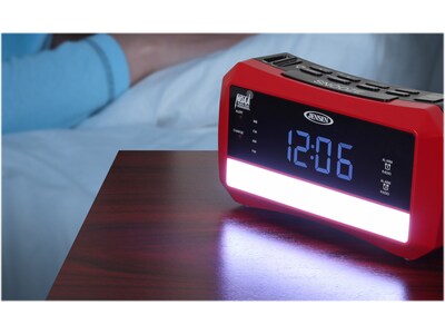 Jensen Wireless Digital AM/FM Alarm Clock Radio with NOAA Weather Alert, Emergency Light, and Built-in Flashlight, Red/Black