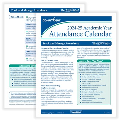 ComplyRight 2024-2025 Academic Attendance Calendar, 50/Pack (A43005015)