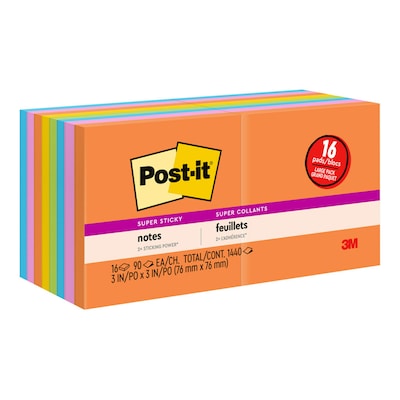 Post-it® Super Sticky Notes, 3 x 3, Energy Boost Collection, 16 Pads/Pack (654-12SSAU+4)