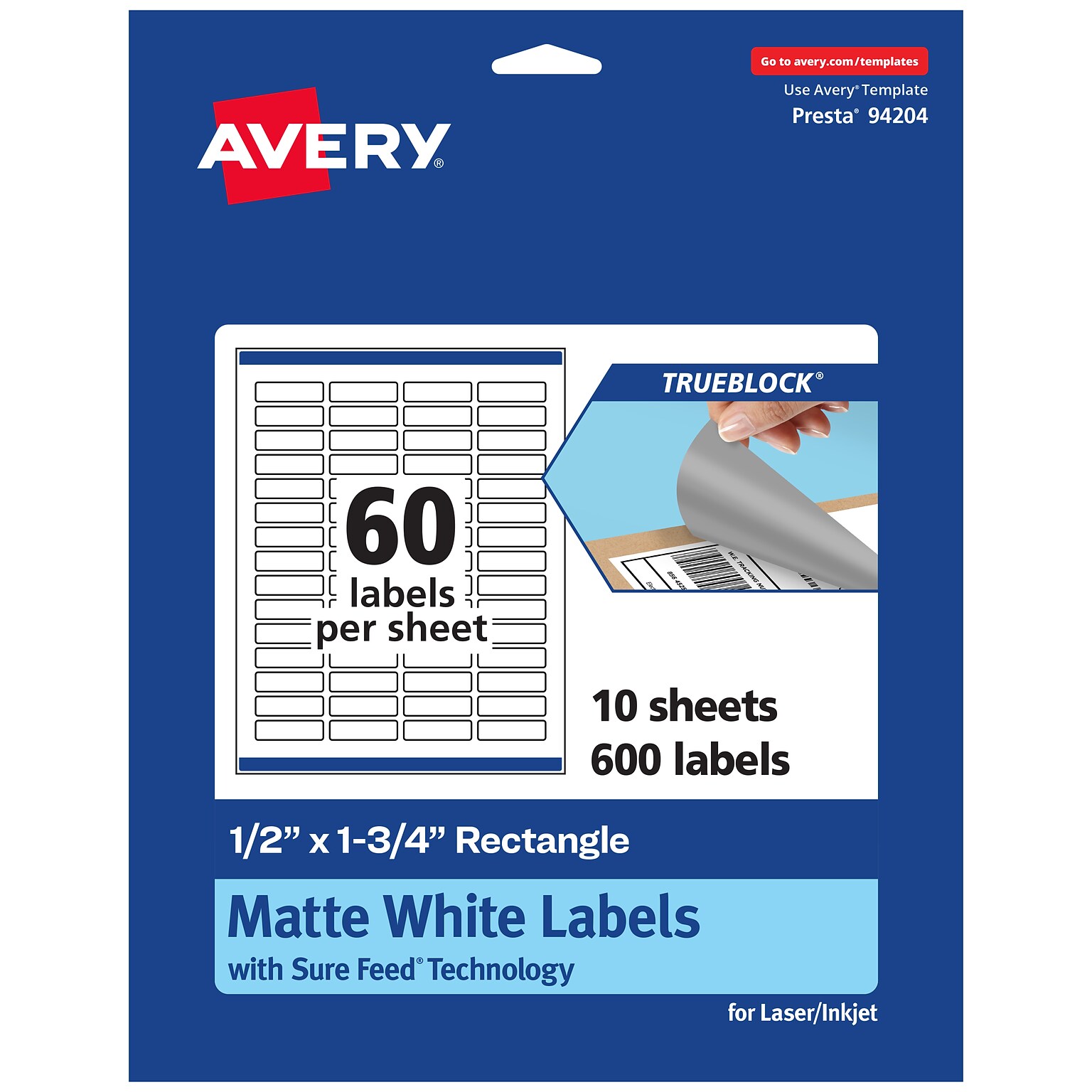 Avery TrueBlock Laser/Inkjet Multipurpose Rectangle Labels, 0.5 x 1.75, White, 600 Labels/Pack (94204)