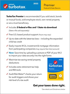 TurboTax Premier 2022 Federal + State for 1 User, Windows/Mac, CD/DVD or Download (5101318)