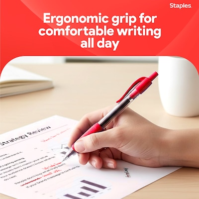 Staples Retractable Gel Pens, Fine Point, Red Ink, 12 Pack – Smooth Writing, Quick-Dry Pens for Notes, Editing & Office Use