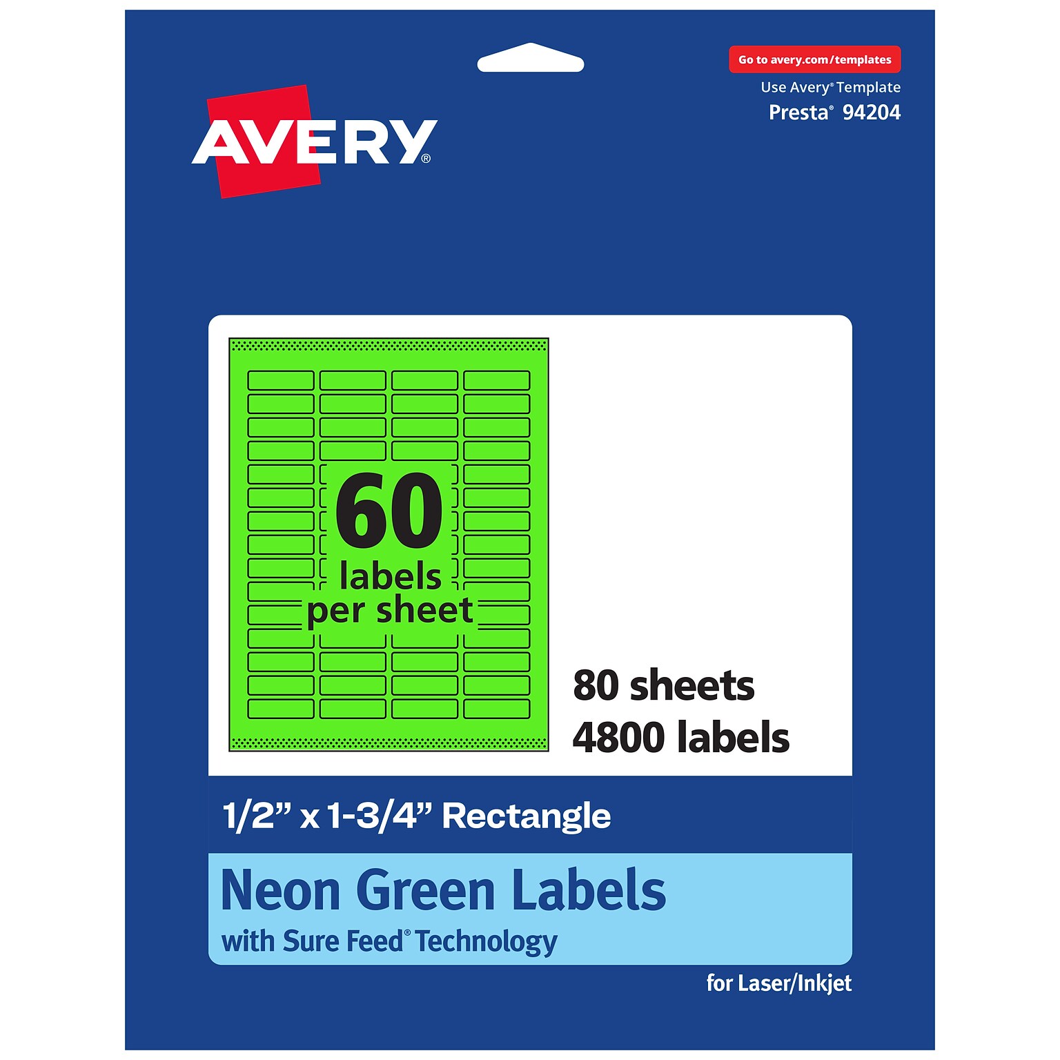 Avery Laser/Inkjet Multipurpose Rectangle Labels, 0.5 x 1.75, Neon Green, 4800/Box (94204)