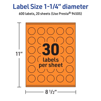 Avery Laser/Inkjet Multipurpose Circle Labels, 1.25" Dia., Bright Orange, 600/Pack (94505)