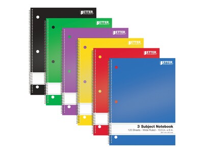 Better Office 3-Subject Notebooks, 8 x 10.5, Wide Ruled, 120 Sheets, 6/Pack (25636-6PK)