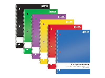 Better Office 3-Subject Notebooks, 8 x 10.5, Wide Ruled, 120 Sheets, 6/Pack (25636-6PK)