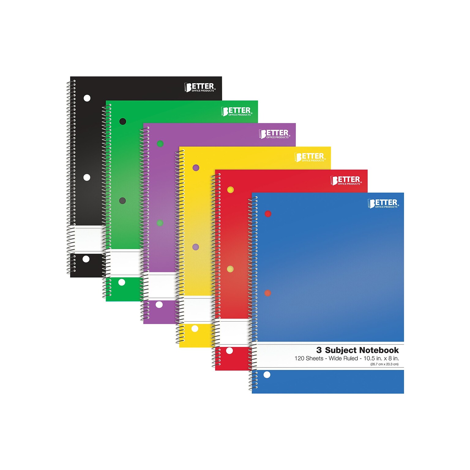 Better Office 3-Subject Notebooks, 8 x 10.5, Wide Ruled, 120 Sheets, 6/Pack (25636-6PK)