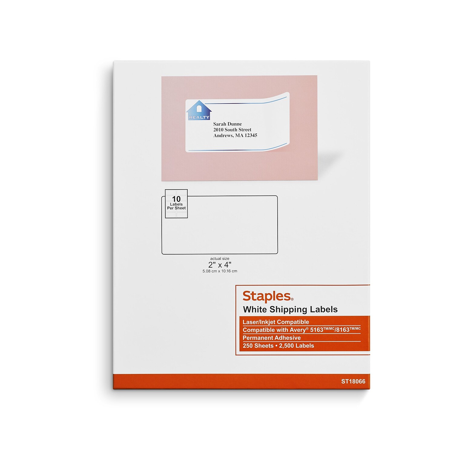 Staples® Laser/Inkjet Shipping Labels, 2" x 4", White, 10 Labels/Sheet