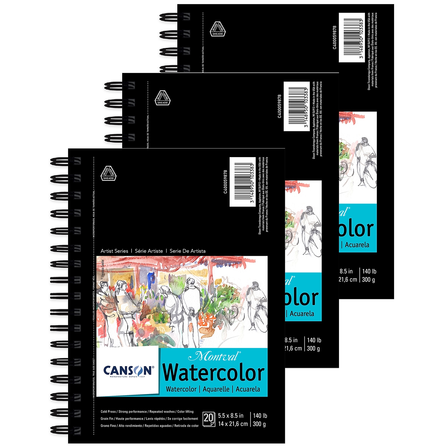 Canson Artist Series 5.5 x 8.5 Wire Bound Montval Watercolor Sketch Pad, 20 Sheets/Pad, 3/Bundle (MCXC400059878-3)
