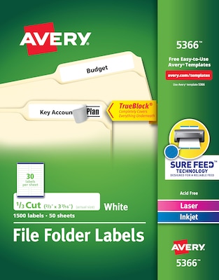 Avery TrueBlock Laser/Inkjet File Folder Labels, 2/3 x 3 7/16, White, 1500 Labels Per Pack (5366)