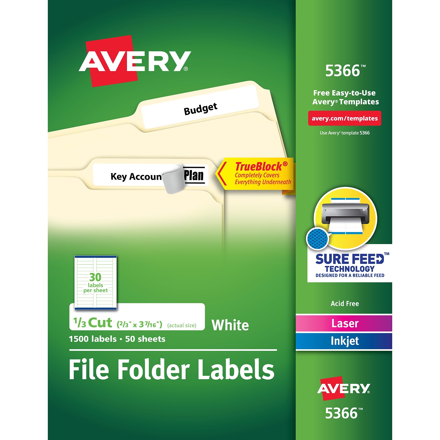 Avery TrueBlock Laser/Inkjet File Folder Labels, 2/3 x 3-7/16, White, 1,500 Labels/Pack (5366)