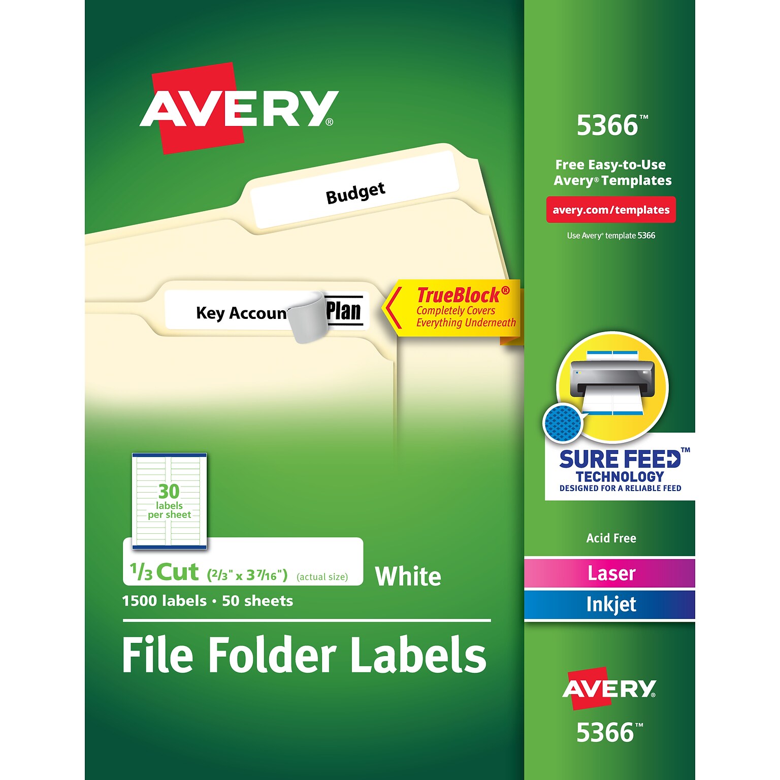 Avery TrueBlock Laser/Inkjet File Folder Labels, 2/3 x 3 7/16, White, 1500 Labels Per Pack (5366)