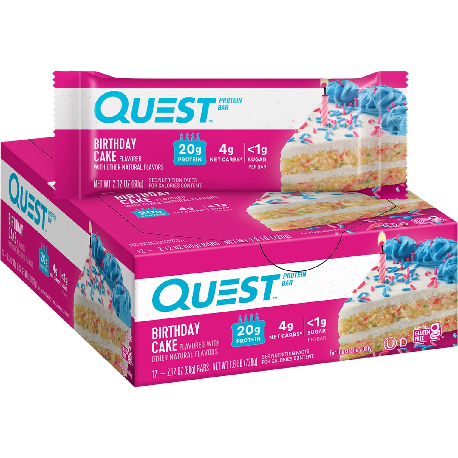 Quest Gluten Free Birthday Cake Protein Bar, 2.12 oz., 12 Bars/Box (QPBBDC12)