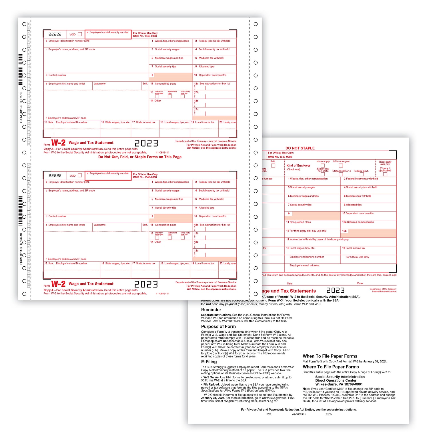ComplyRight 2023 W-2 Tax Form, 6-Part, 2-Up, Employer Copy A, 1/D, B, C, 2, 1/D, 25/Pack (9811625)