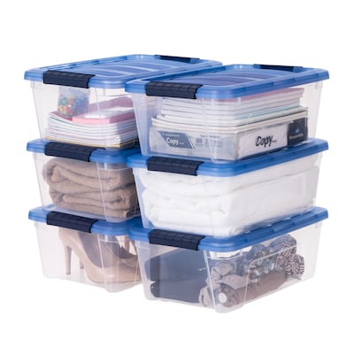 Iris Stack & Pull 12 Qt. Snap Lid Storage Boxes, Clear/Navy, 6/Carton (100306-CT)