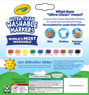 Crayola Ultra-Clean Washable Kids Markers, Broad Point, Assorted Colors, 10/Pack (58-7851)