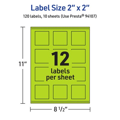 Avery Laser/Inkjet Multipurpose Square Labels, 2" x 2", Bright Green, 120/Pack (94107)