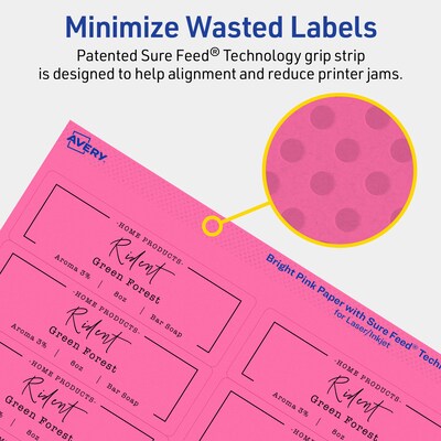 Avery Laser/Inkjet Rectangle Multipurpose Labels, 1-1/3" x 4", Bright Pink, 1120/Box (94206)