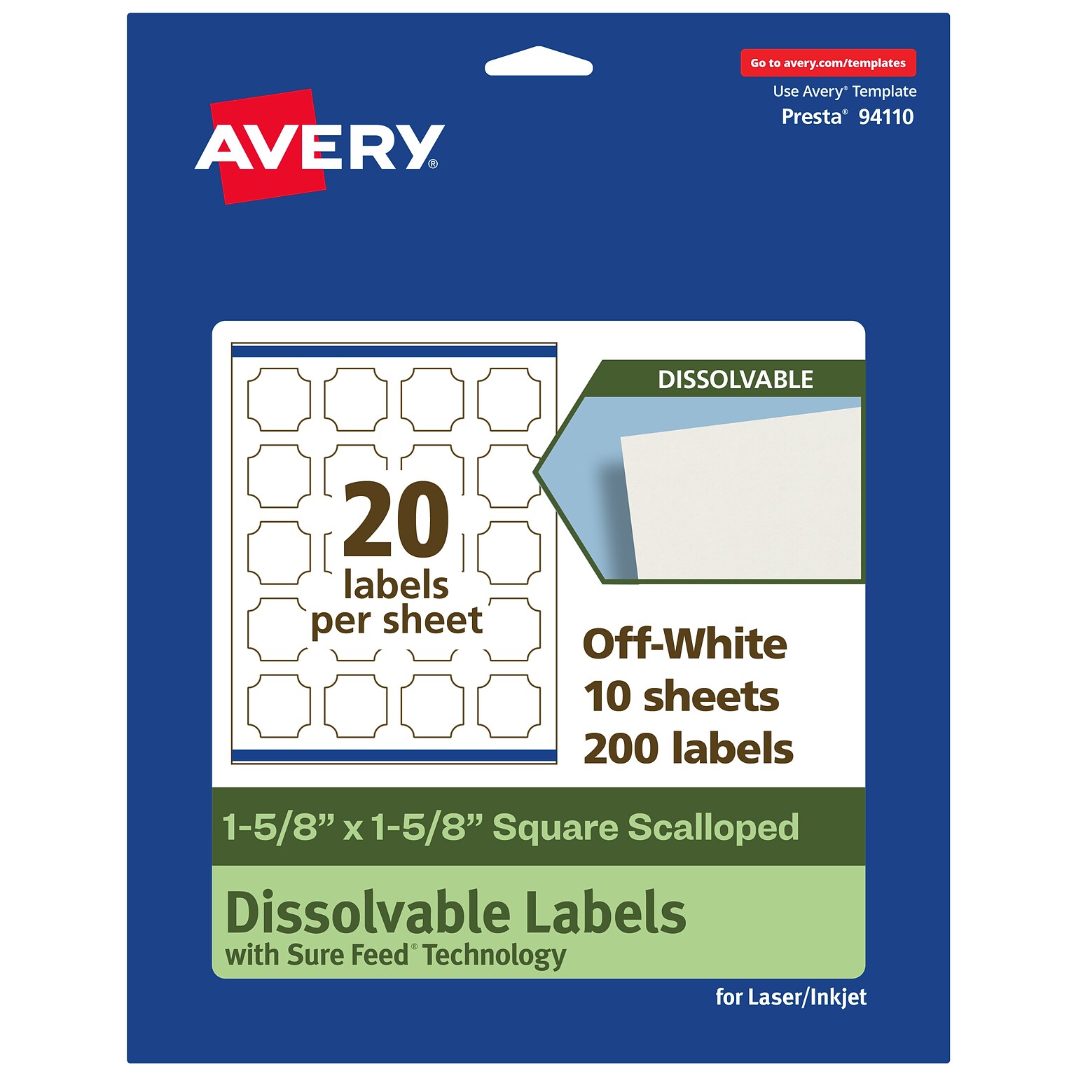 Avery Dissolvable Decorative Edge Multipurpose Labels, 1-5/8 x 1-5/8, Off-white, 200/Pack (94110)