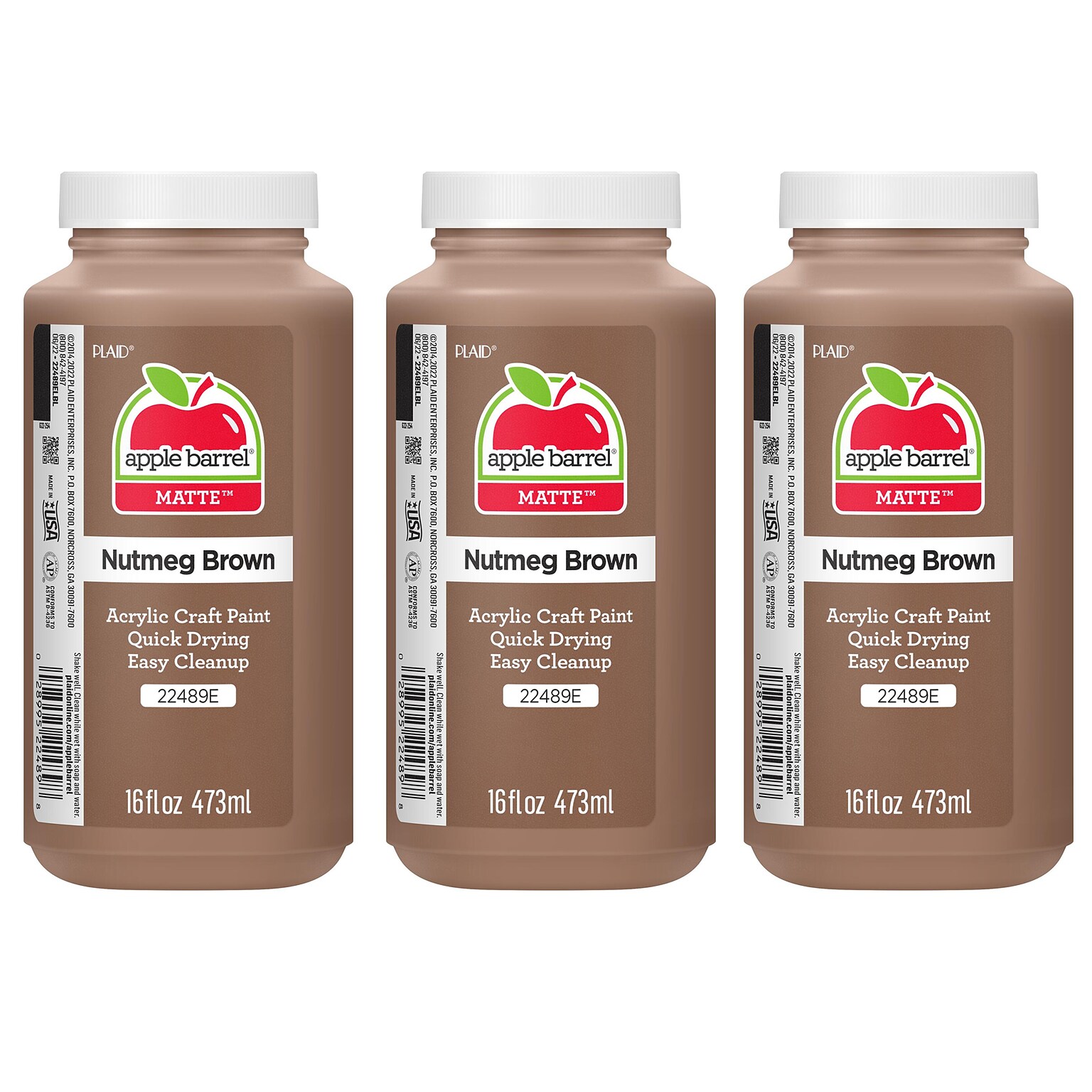 Apple Barrel Acrylic Paint Matte, 16oz., Nutmeg Brown, 3/Pack(APP22489E-3)