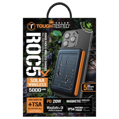 ToughTested ROC 5 MagSafe Wireless 5,000-mAh Solar Qi Power Bank with Flashlight, Black/Orange (TT-PBW-5C)