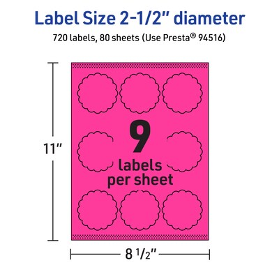Avery Round Scalloped Laser/Inkjet Multipurpose Labels, 2.5" Dia, Neon Magenta (720/Box)