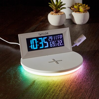 Taylor Precision Products Indoor Weather Station with Mood Light and Wireless Charging Pad, Digital, White (TAP5287333)