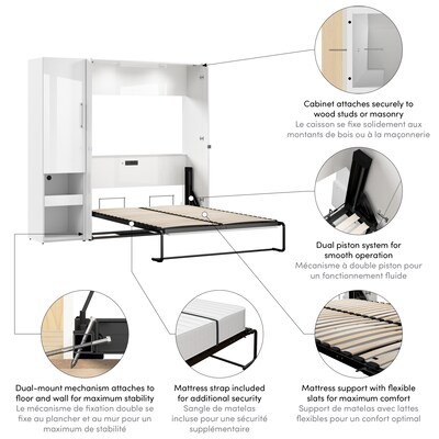 Bestar Avalon Full Murphy Bed and Storage Cabinet with Pull-Out Shelf (81W) - High-Gloss White