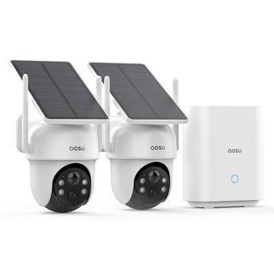 aosu 2K QHD 3.0-MP Wireless Outdoor Dual-Band Wi-Fi® AI-Smart Solar Security 2-Camera Kit w/HomeBase Recorder, White (C9C3CA11)