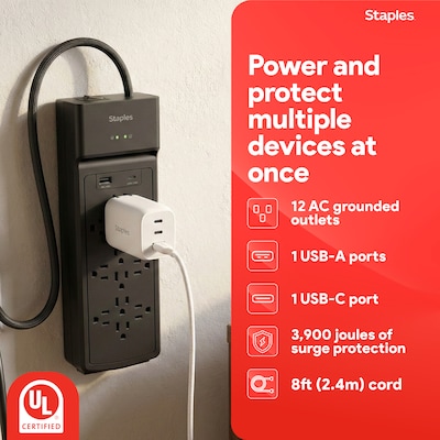 Staples TECH 12-Outlet 2-USB Port Surge Protector, 8, 3900 Joules, Black (ST62774)